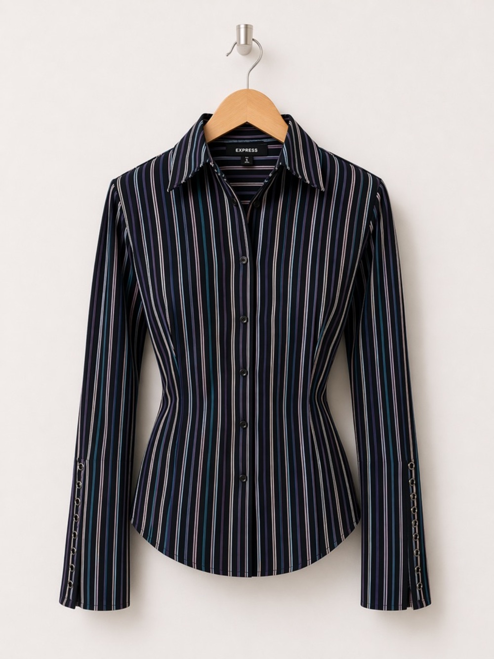 Express Striped Button up Blouse w/ Corset Lace-Up Back Grommet Sleeves Size 8